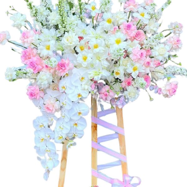 Lẵng Hoa Chúc Mừng Tông Trắng Hồng Pastel Ngọt Ngào 3019- Gánh Hàng Hoa